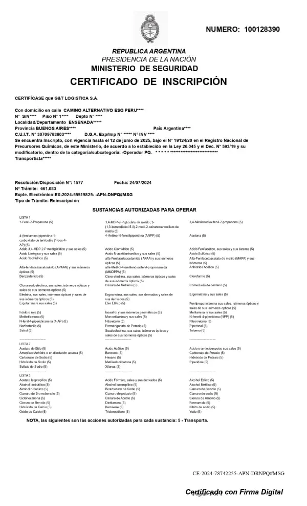  certificación de precursores químicos