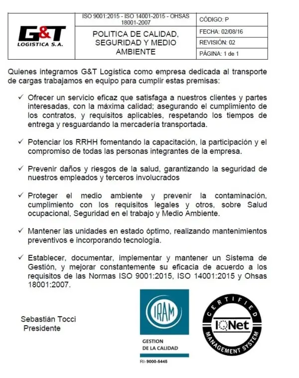 política de calidad, seguridad y medioambiente
